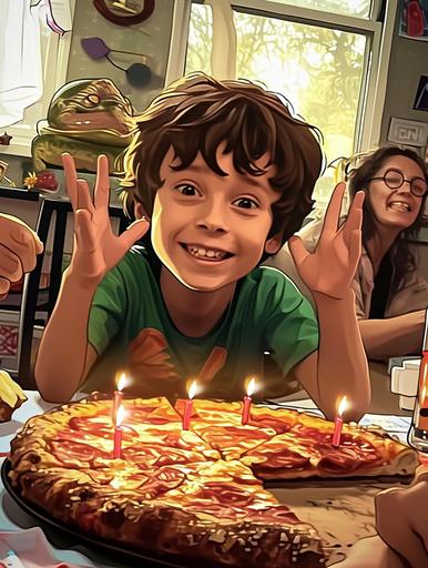 Create a ninja turtles TV style cartoon of this photo. The boy is celebrating his birthday. A huge pizza with candles around it is on the table. The colors should be bright and lively, with earth tones and vibrant accents, reflecting the environment of a birthday party. The mood should be one of joyful excitement and celebration. manga, cartoon --ar 3:4 --v 6.0