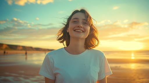 Low angle, full body shot shot of a smiling 30 year-old woman on a beach in Devon, flat chested, wearing a plain white t-shirt, summer golden hour, kodak portra 800, vintage color grading, Canon EOS 20 mm. --ar 16:9 --v 6.0 --style raw