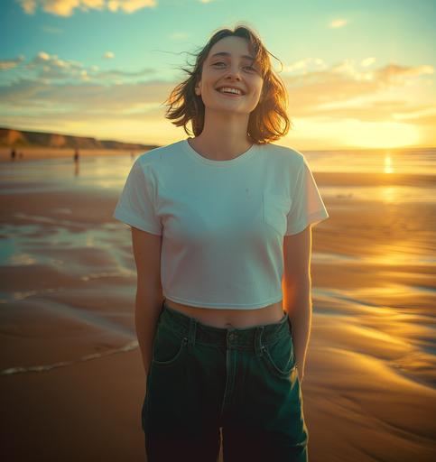 Low angle, full body shot shot of a smiling 30 year-old woman on a beach in Devon, flat chested, wearing a plain white t-shirt, summer golden hour, kodak portra 800, vintage color grading, Canon EOS 20 mm. --v 6.0 --style raw --ar 67:71