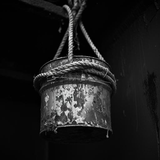 an old dirty tin of paint. hanging froma rope. viewed from ground level. black and white photo. high contrast --v 6.0