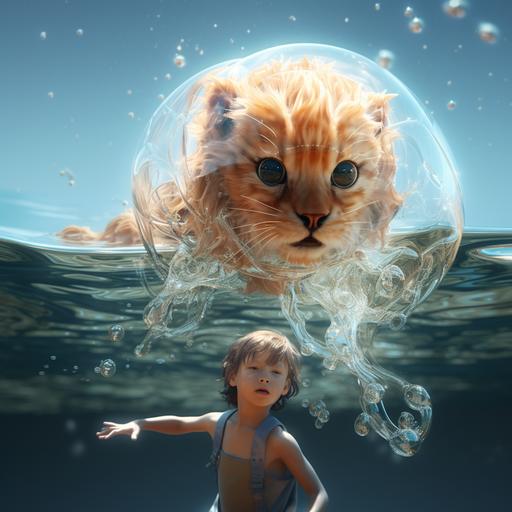 A pet robot that looks like a cat, its surface is covered transparently like a jellyfish. It swims happily in the water with a 10-year-old child.