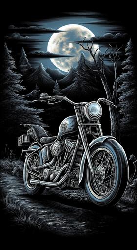 A classic Harley Davidson motorcycle roars to life, ridden by a fierce yet majestic werewolf. Moonlight spills across a desolate highway, painting it with silvery hues. Dead trees and bats silhouette against a haunting full moon, As the motorcycle rumbles forward, ethereal flames trail behind, the design radiates a vintage allure, combining the raw power of the beast and machine. Think film noir meets gothic art, Moody, shadow-rich lighting, and a touch of fog for that enigmatic feel, depth with shallow focus, contrasting the werewolf sharply against a dreamy Halloween backdrop, T-shirt style --v 5.0 --ar 70:128