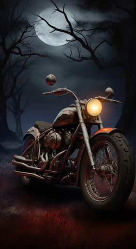 A classic Harley Davidson motorcycle roars to life, ridden by a fierce yet majestic werewolf. Moonlight spills across a desolate highway, painting it with silvery hues. Dead trees and bats silhouette against a haunting full moon, As the motorcycle rumbles forward, ethereal flames trail behind, the design radiates a vintage allure, combining the raw power of the beast and machine. Think film noir meets gothic art, Moody, shadow-rich lighting, and a touch of fog for that enigmatic feel, depth with shallow focus, contrasting the werewolf sharply against a dreamy Halloween backdrop, T-shirt style --v 5.0 --ar 70:128