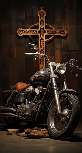 show me a rugged wooden cross with crown of thorns in front of a vintage motorcycle --ar 69:128
