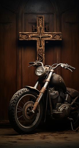 show me a rugged wooden cross with crown of thorns in front of a vintage motorcycle --ar 69:128