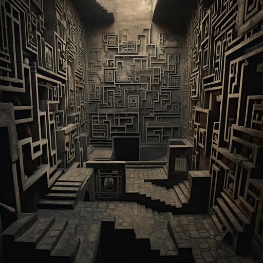 A german expressionism large room labyrinthic puzzle-like stairs, with a photography texture