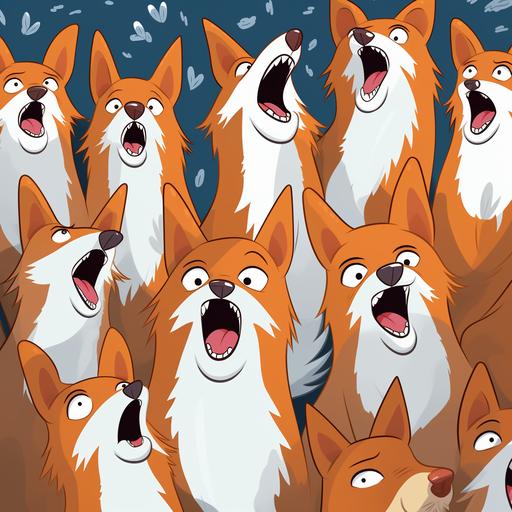 a pattern of a lot of fox crying, cartoon, funny fox, caricature,