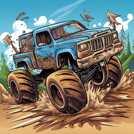 cartoon monster-truck driving off of a ramp into mud
