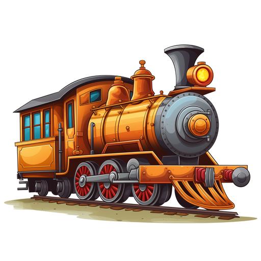 cartoon style train engine on railway tracks, on a white background