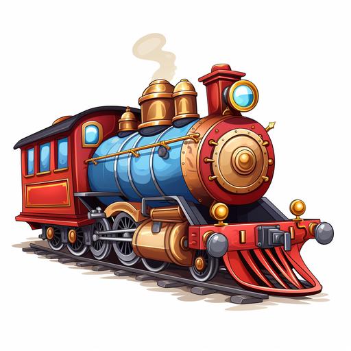 cartoon style train engine on railway tracks, on a white background