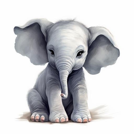 cute happy baby elephant, painted in subtele colours, sitting in a cute position, on white background