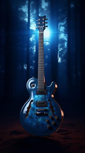 hyperrealistic dark blue guitar with bitcoin logo on it, breath-taking aurora borealis sky on the background, magical style, background is a forest during night, 8k resolution --ar 9:16