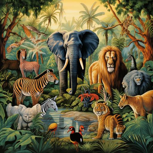 jungle animals including elephant, giraffe, tiger, lion, monkey, parrot--v5.1
