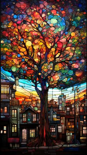 stained glass tree growing in a colorfull glass city --ar 9:16