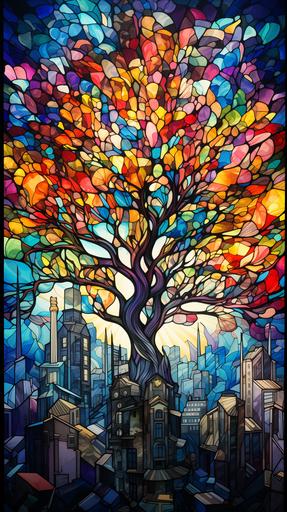 stained glass tree growing in a colorfull glass city --ar 9:16