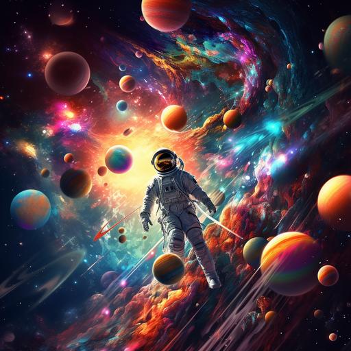 surreal astronaut flying in universe, colorful planets around him