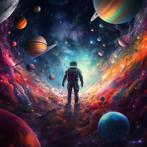 surreal astronaut flying in universe, colorful planets around him