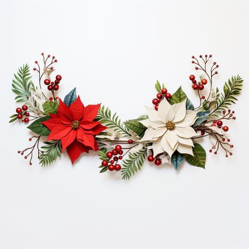 thin christmas garland on white background, includes poinsettia, red berries and pinecones