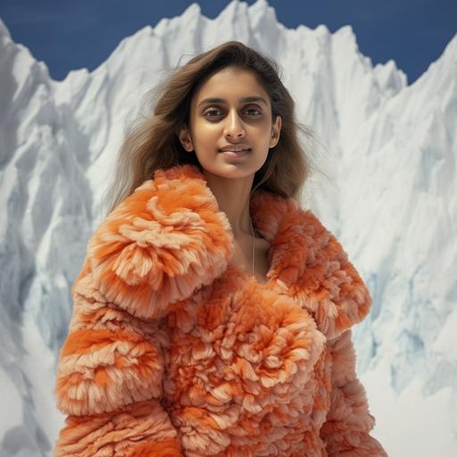 that woman in a giant fur coat standing in the snow , in the style of bold 1990s fashion photography, hasselblad 1600f, bold color usage, dramatic use of color, otherworldly fun — ar 5:7