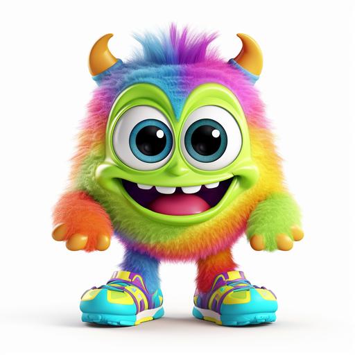 a cute little rainbow color monster with big green eyes, and big feet and gym shoes, cartoon pixar-style, white background,