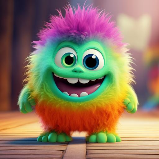 a cute little rainbow color monster with big green eyes, and big feet, cartoon pixar-style, whith background,