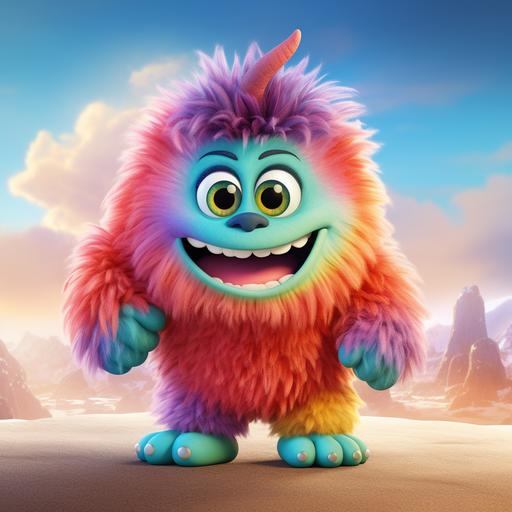 a cute little rainbow color monster with big green eyes, and big feet, cartoon pixar-style, whith background,