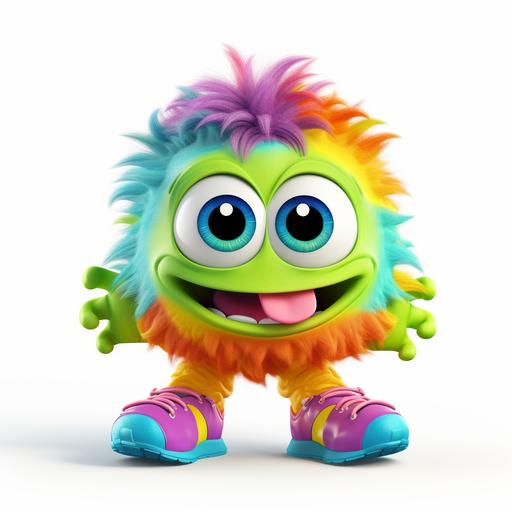 a cute little rainbow color monster with big green eyes, and big feet and gym shoes, cartoon pixar-style, white background,