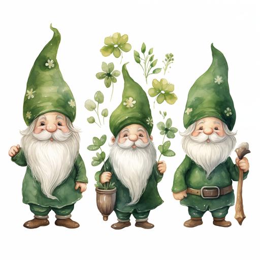 rustic watercolor garden gnomes cartoon. PNG on white background. Shamrocks and saint patty’s day patterns on the gnomes. Minimalist. Cute.