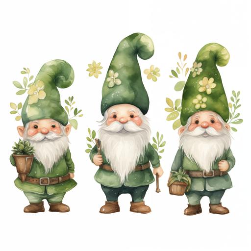 rustic watercolor garden gnomes cartoon. PNG on white background. Shamrocks and saint patty’s day patterns on the gnomes. Minimalist. Cute.