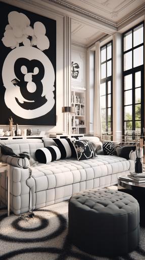 The living room, black and white, sofa, carpet, by Chanel style, cartoon style --ar 9:16