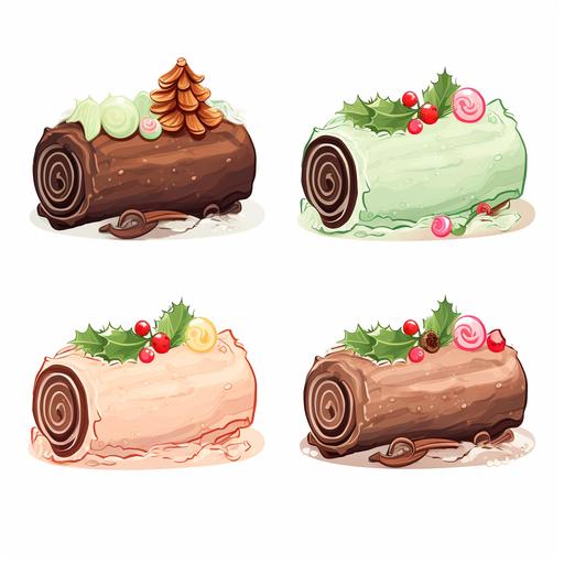 4 cliparts, christmas yule log in cartoon style, cute set bundle, pastel colors, simple, white background, cartoon
