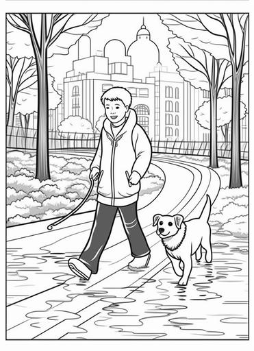 clean black and white lineart, of fall dog walk, outlined art bold, coloring book page for toddlers kids, simple classic cartoon style, minimal, 2D - --ar 8:11 --v 5.1