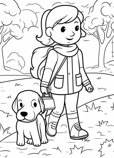 clean black and white lineart, of fall dog walk, outlined art bold, coloring book page for toddlers kids, simple classic cartoon style, minimal, 2D - --ar 8:11 --v 5.1