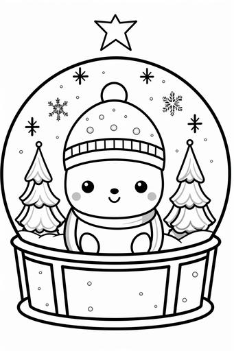 kawaii christmas snow globe coloring page, black and white, simple clean lines --ar 2:3