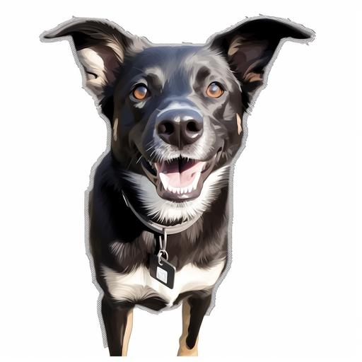 create a caricature cartoon sketch of this dog, it's black with a white chest, it has big brown eyes with a little white under it's muzzle. It has pointy black ears. The dog is on a solid white background, it's a light an airy image, the dog looks happy. The dog has some light brown around it's eyes, more white on it's chest