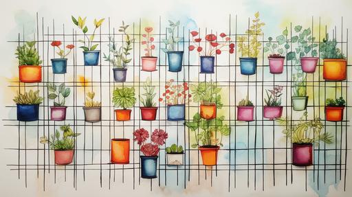 water colour, grid fence 2 meters tall where people are able to place flower pots in the grids, simple --ar 16:9
