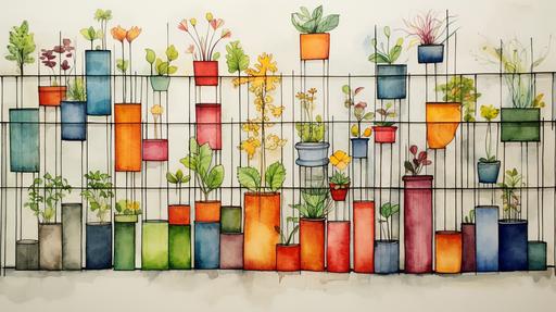 water colour, grid fence 2 meters tall where people are able to place flower pots in the grids, simple --ar 16:9