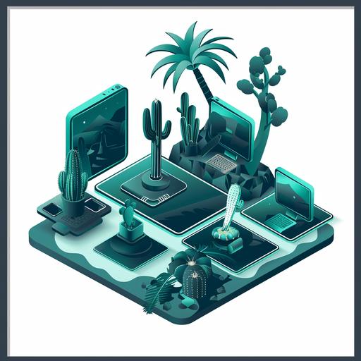 a dark isometric cluster of digital devices with abstract 'oasis' elements like cactus palm tree sand dune pool on white background. Teal, gunmetal green. Centered in frame with thin border. --no shadows