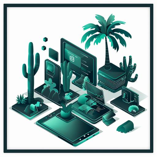 a dark isometric cluster of digital devices with abstract 'oasis' elements like cactus palm tree sand dune pool on white background. Teal, gunmetal green. Centered in frame with thin border. --no shadows