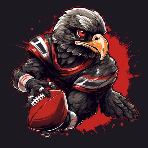 a falcon playing american football in black and red jersey