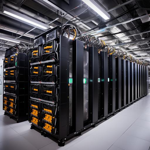 In an ultra-large-scale data center, a room is filled with numerous servers and equipped with multiple distributed UPS backup power systems. In a prominent location within the room, our energy storage module--a lithium iron phosphate battery pack--is seen charging. This battery cluster is composed of battery modules encased in black shells, neatly arranged inside battery cabinets.