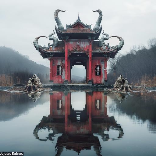 The structure, adorned with four horn-like protrusions made of bone, features an entrance designed to resemble a gaping mouth with teeth. Animal bones are strewn around the building. This structure, reminiscent of a nightmare creature, is a small Asian-style construction depicted in realistic art. The surroundings, cloaked in mist akin to a shrine, reflect the building onto the water's surface. Inspired by 