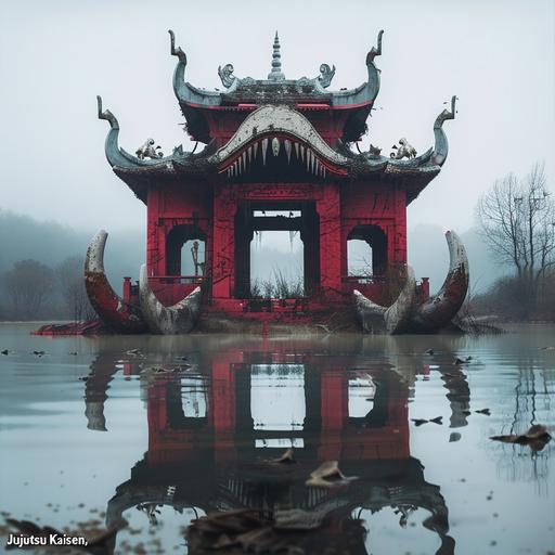 The structure, adorned with four horn-like protrusions made of bone, features an entrance designed to resemble a gaping mouth with teeth. Animal bones are strewn around the building. This structure, reminiscent of a nightmare creature, is a small Asian-style construction depicted in realistic art. The surroundings, cloaked in mist akin to a shrine, reflect the building onto the water's surface. Inspired by 