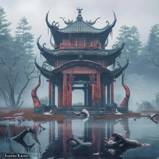 The structure features four horn-like protrusions made of bone, and its entrance is designed to resemble a large mouth with teeth. Animal bones are scattered around the building. This structure is a small Asian-style building depicted in realistic art, reminiscent of a nightmare creature. The surroundings, like a shrine, are shrouded in mist, with the building's reflection visible on the water's surface. Inspired by 