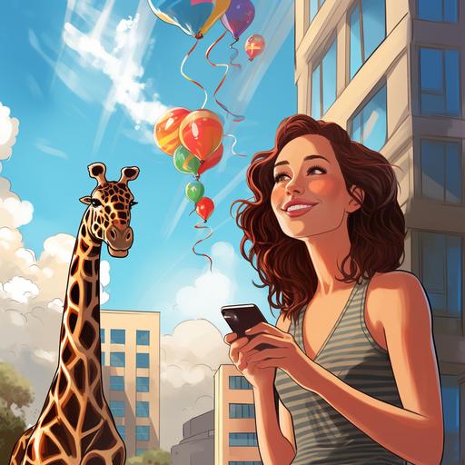 comic style, cute 50 year old brown medium length hair woman leaning out of a high rise apartment building to feed a giraffe a rainbow lollipop, city landscape background