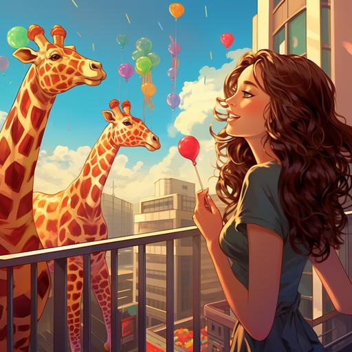 lofi style, cute 50 year old brown medium length hair woman leaning out of a high rise apartment building to feed a giraffe a rainbow lollipop, city landscape background