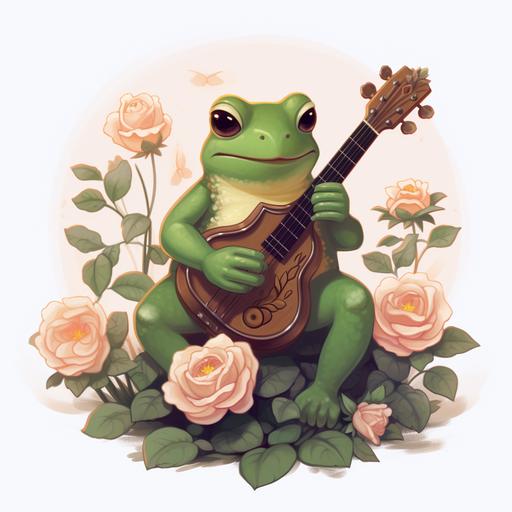 a frog kawaii playing a banjo in a feild of roses , white background