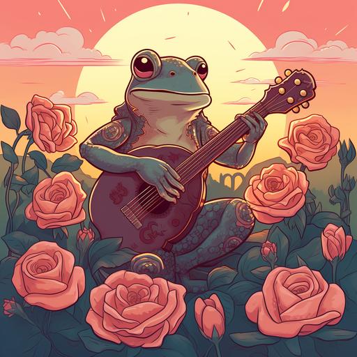 a frog kawaii playing a banjo in a feild of roses