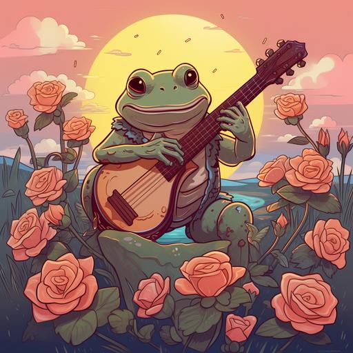 a frog kawaii playing a banjo in a feild of roses