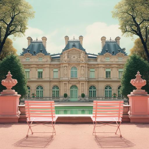 pink and green preppy pastel photorealtic print of jardin de luxembourg in the style of Wes Anderson
